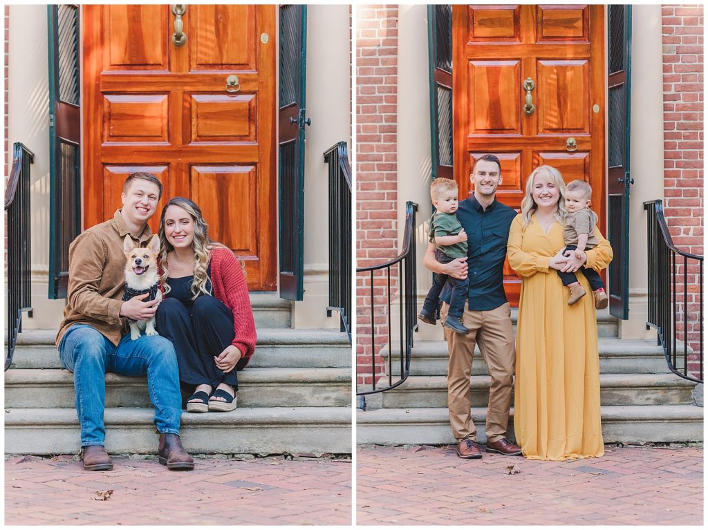 Two young families posing in front of a historic door in Historic Odessa, Delaware.