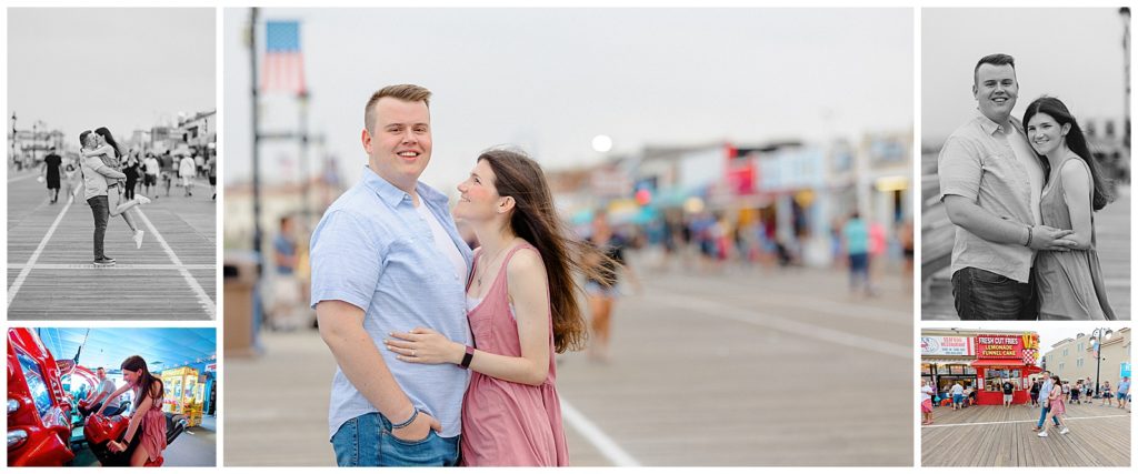Engagement portraits on boardwalk.