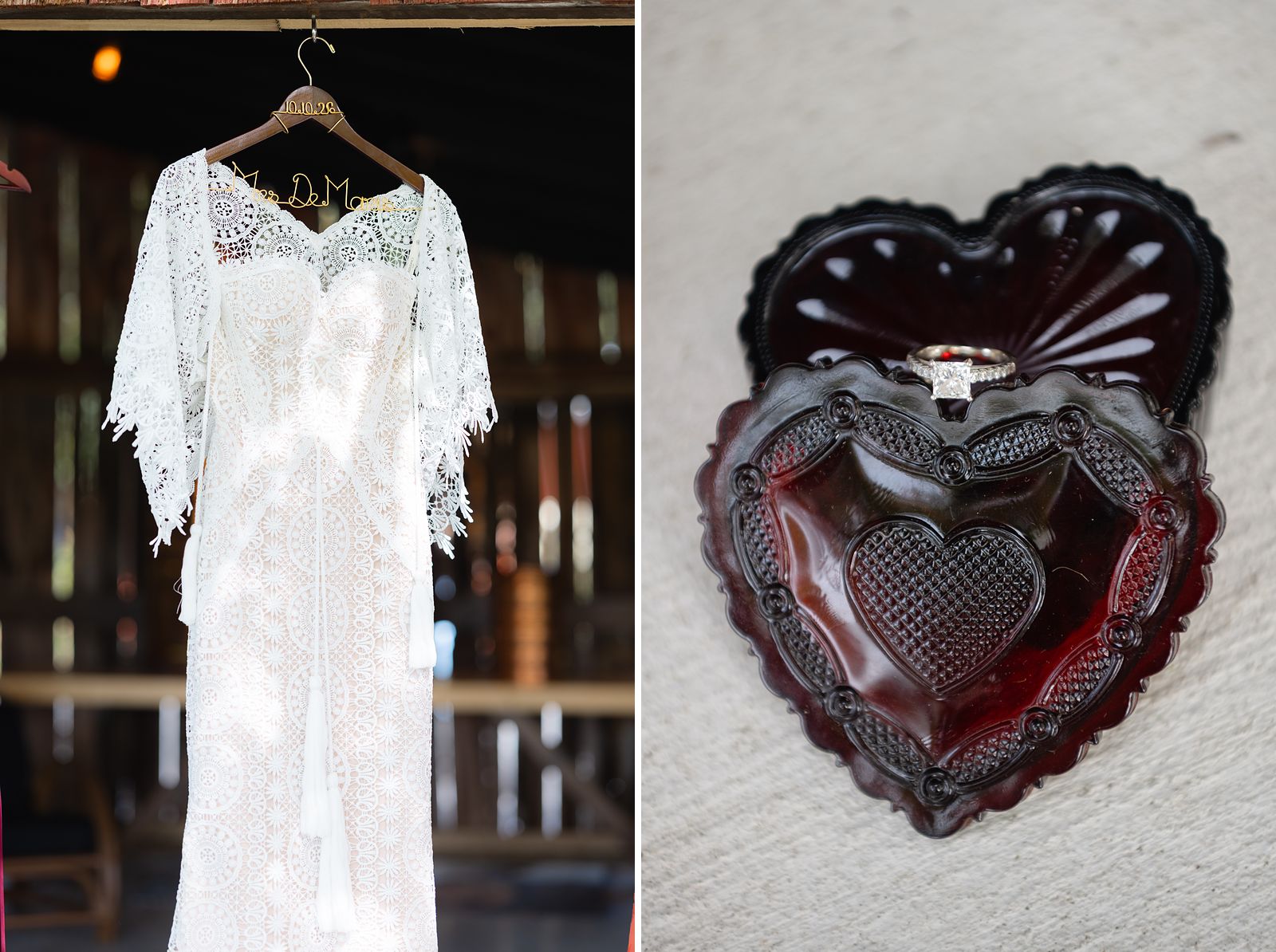 Shannon's lace wedding dress hanging in the barn and a red glass heart detail
