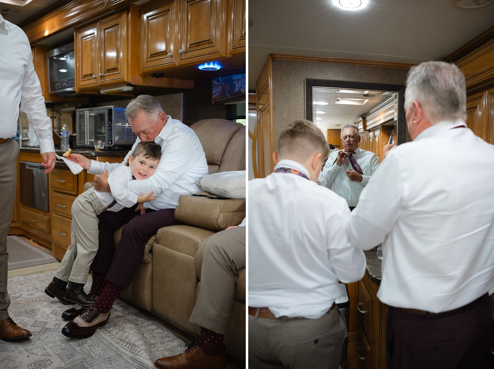 Brian putting on his shoes with his grandson on his lap, and his sons helping him with his tie