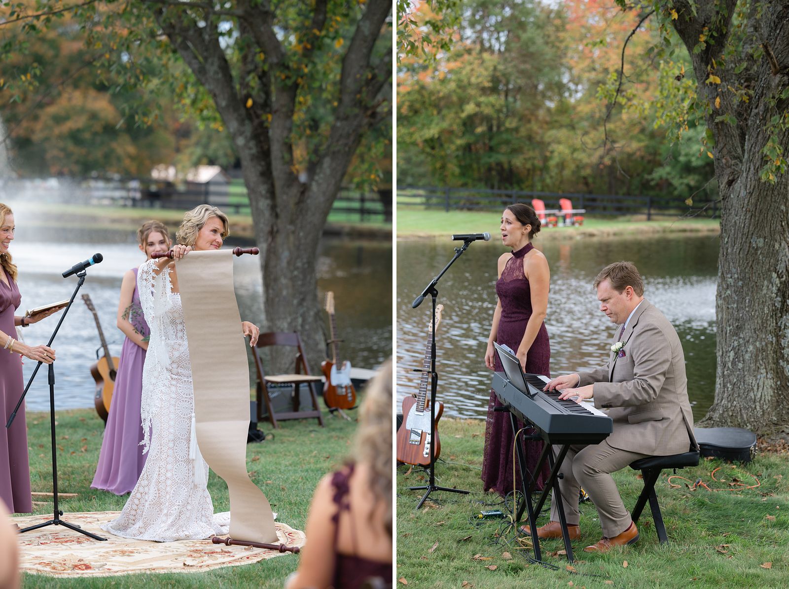 Shannon reading her vows from a scroll, and Brian's son and daughter-in-law performing live music during the ceremony