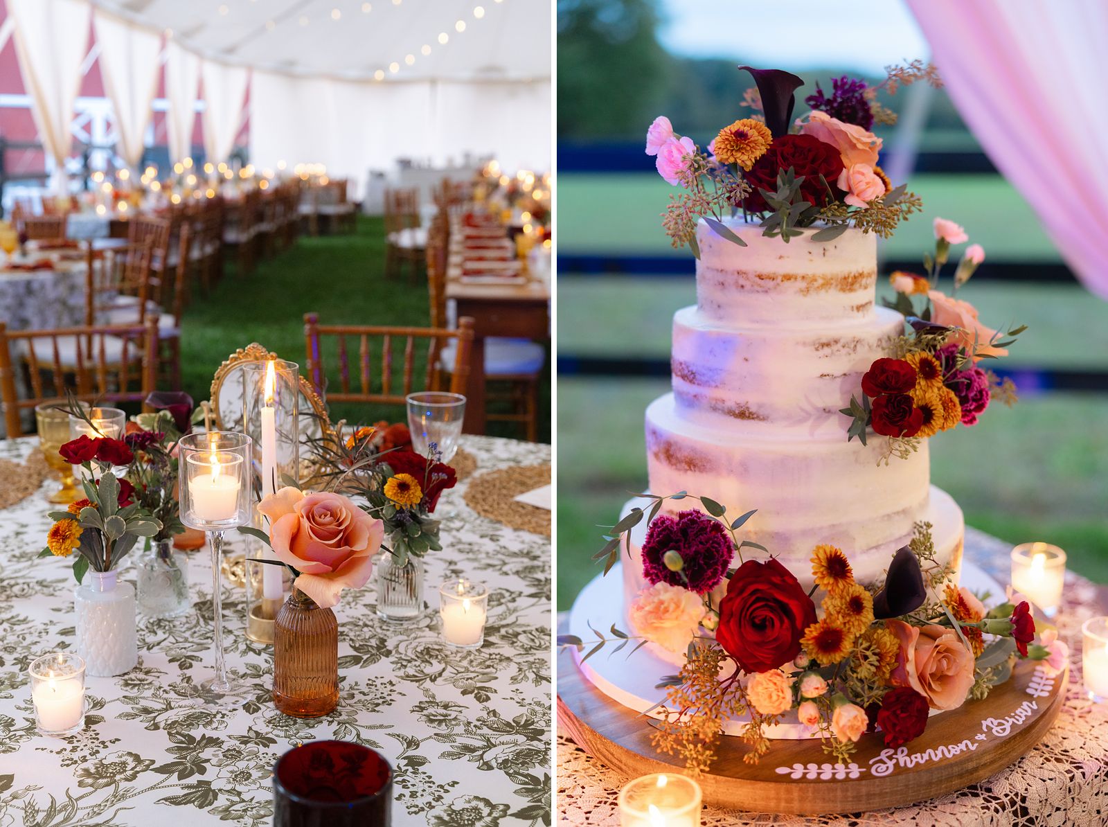 Table centerpiece with roses and gold vases, and the semi naked wedding cake with fall flowers