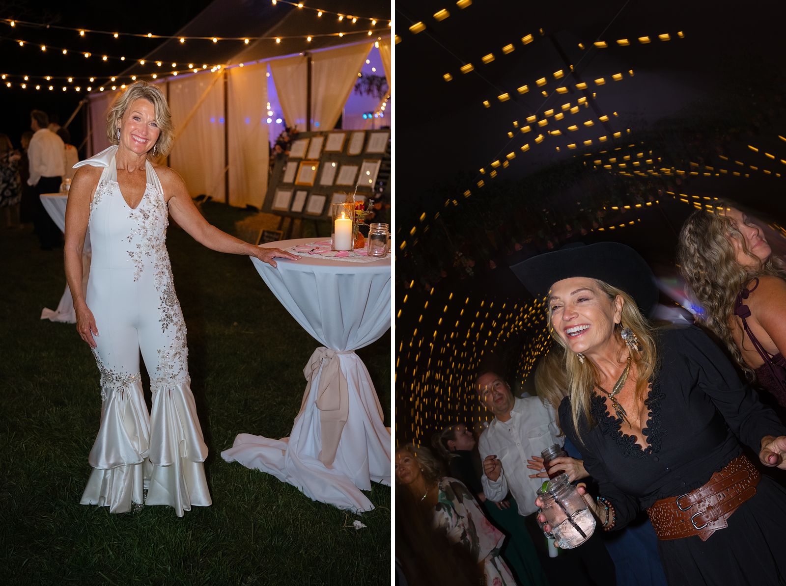 Shannon under the string lights at night, and dancing with a light up stick at the end of the night